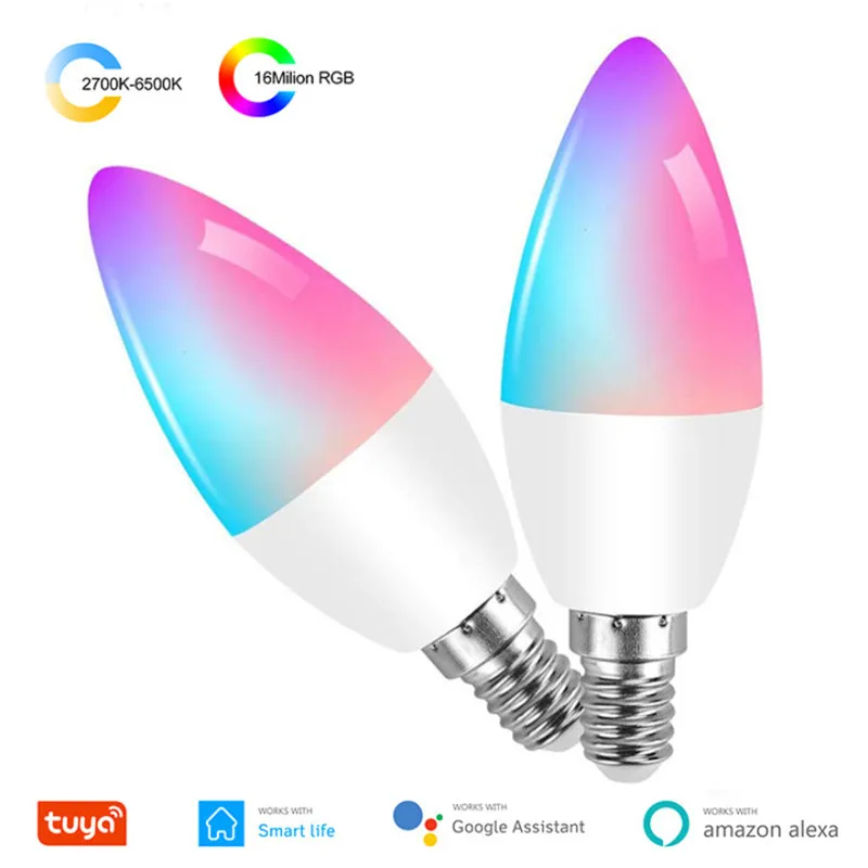 Tuya WiFi смарт-лампы E14 RGB + W C затемнения светильник LED лампы в форме свечи