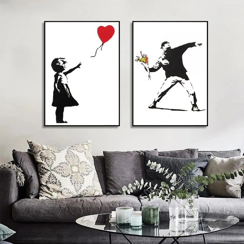 

Girl With Red Balloon Banksy Graffiti Canvas Painting Black And White Wall Art Retro Poster For Living Room Home Decor Cuadros