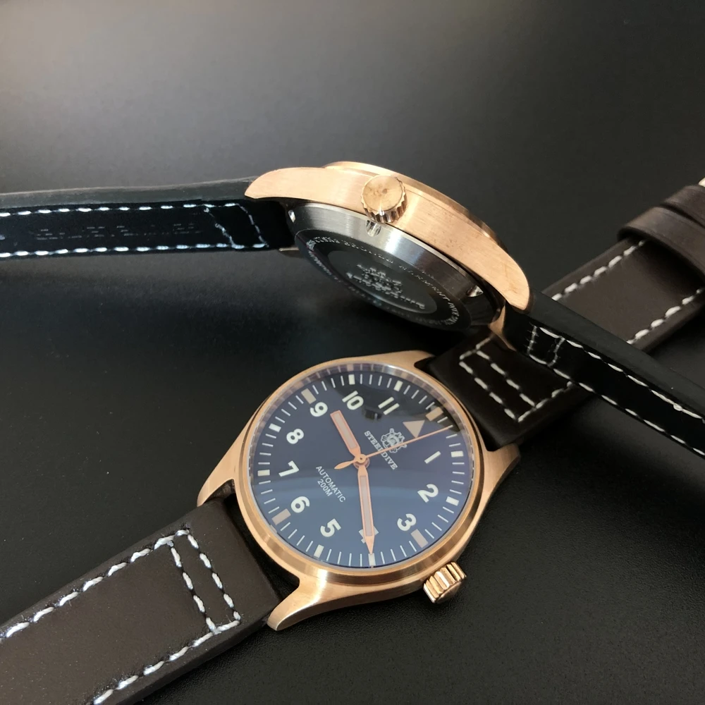 SD1948S NH35 Бронзовые часы для дайвинга 200м Водостойкий Steeldive кожаный ремешок для мужчин автоматические наручные часы для мужчин Мужчины