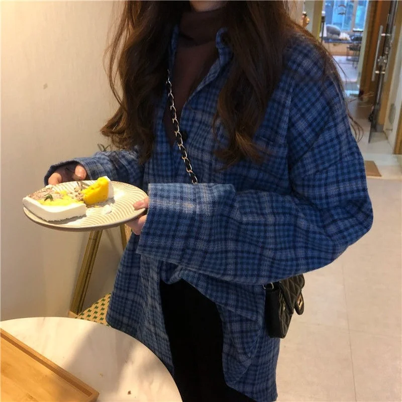 

Весна 2021 шикарная клетчатая рубашка куртка школьница Хань фанат свободный крой с длинными рукавами ретро прическа Топ