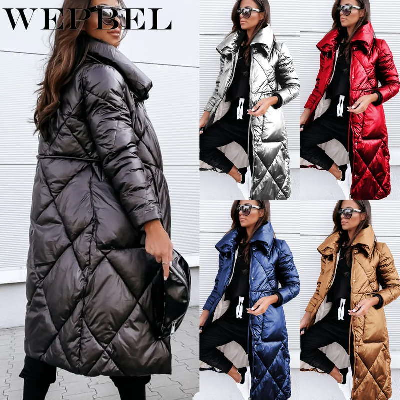 

Женские зимние длинные парки WEPBEL, женские блестящие куртки большого размера с отложным воротником, женское однотонное толстое Свободное па...