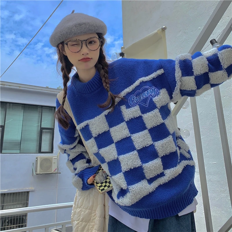 

Autumn Winter Thick Warm Sweater Women Japanese Style Vintage Klein Blue Knitted Pullovers Long Sleeve Sweater Female