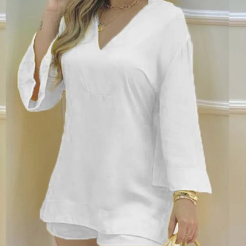 

Женский комплект из двух предметов, элегантная рубашка с расклешенным рукавом и V-образным вырезом и шорты, домашняя одежда, весенние повседневные однотонные свободные костюмы, лето 2022