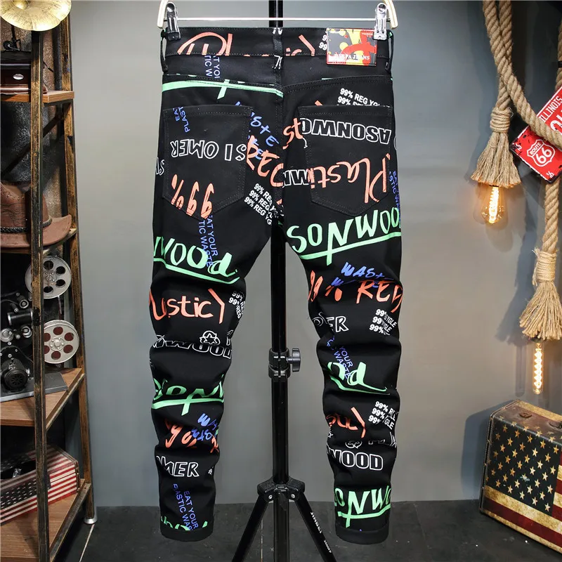 Men's Plus-Size 3D Stretch Print Casual Fashion Versatile Black Mid-Waist Stretch Tight Pants And Skinny Jeans