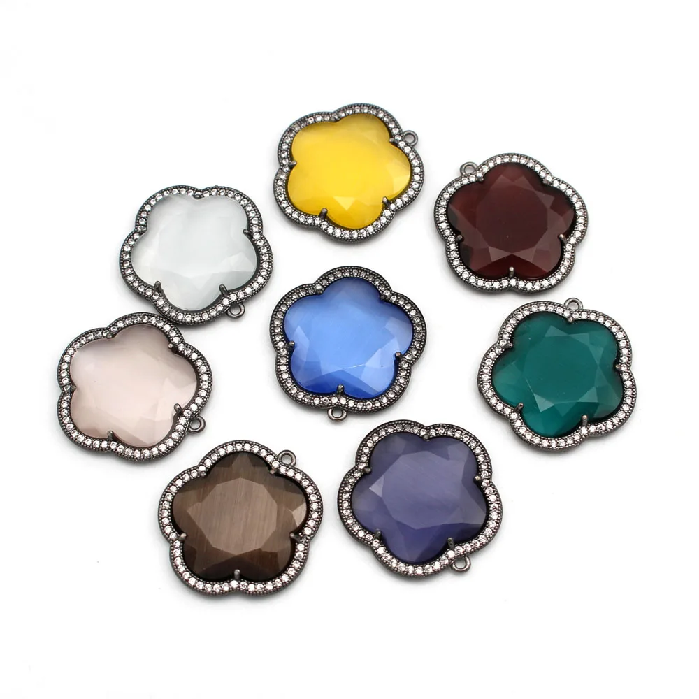 

10pcs Flower Shape Blue Pink Cats Eye Stone Pendants Charms CZ Paved for DIY Women Necklace Earrings Jewelry Making