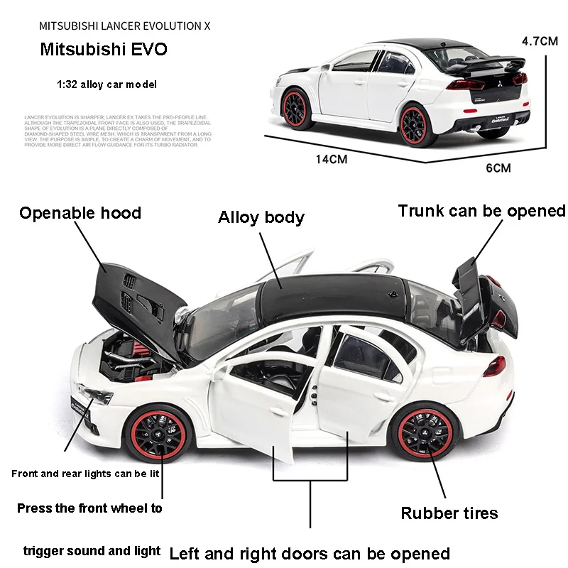 Модель 1/32 EVO модели автомобилей из сплава 6 дверей можно открыть Lancer Evolution LE