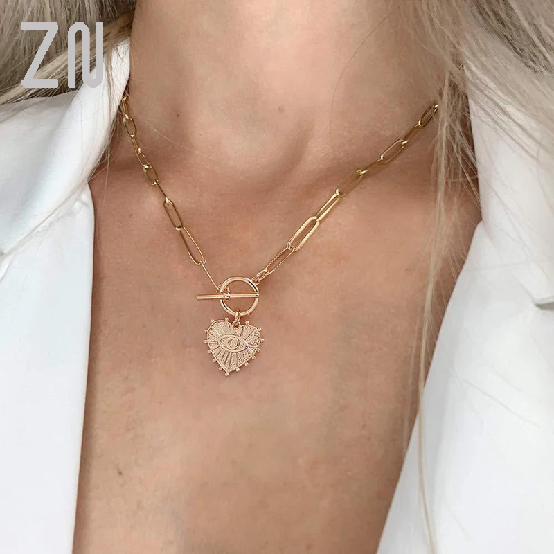 

ZN Gold Plated Carved Heart EyeThick Chain OT Buckle Necklace For Women Punk Metal Choker Necklace Fashion Jewelry