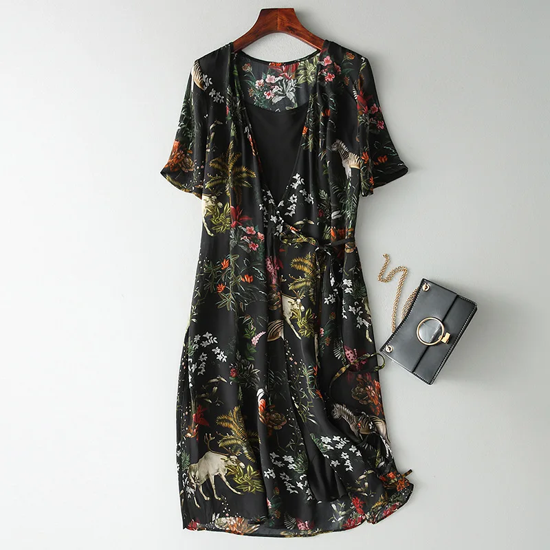 

Женское платье из натурального шелка Tcyeek, летние пляжные платья, женские элегантные платья средней длины с цветочным принтом, Женские винта...