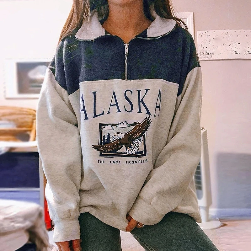 

Women's printed sweatshirt, high neck semi zipper long sleeve pullover, autumn and winter casual loose clothing
