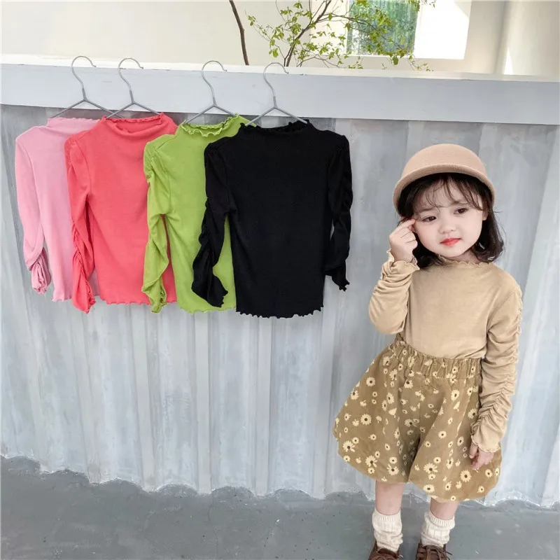 

Autumn and Winter Girls Bottoming T-Shirts Candy Color Close-fitting Clothes Ear-edge Sleeve T-shirt Girls Clothing