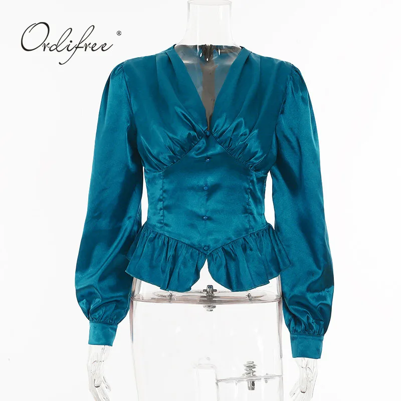 

Ordifree 2021 Spring Autumn Women Satin Blouse Shirt Long Sleeve Ruffle Vintage Female Blouse Sexy Tops