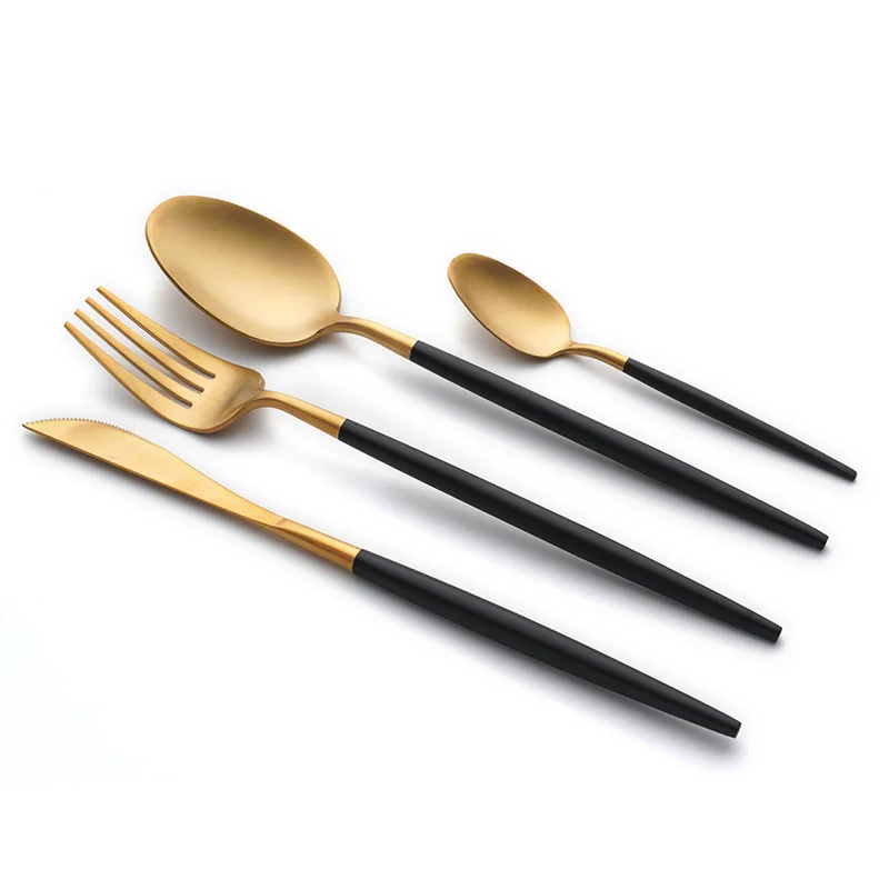 

Набор столовых приборов из нержавеющей стали, матовый Заостренный нож, вилка, столовые приборы, цвет черный/золотой, под заказ