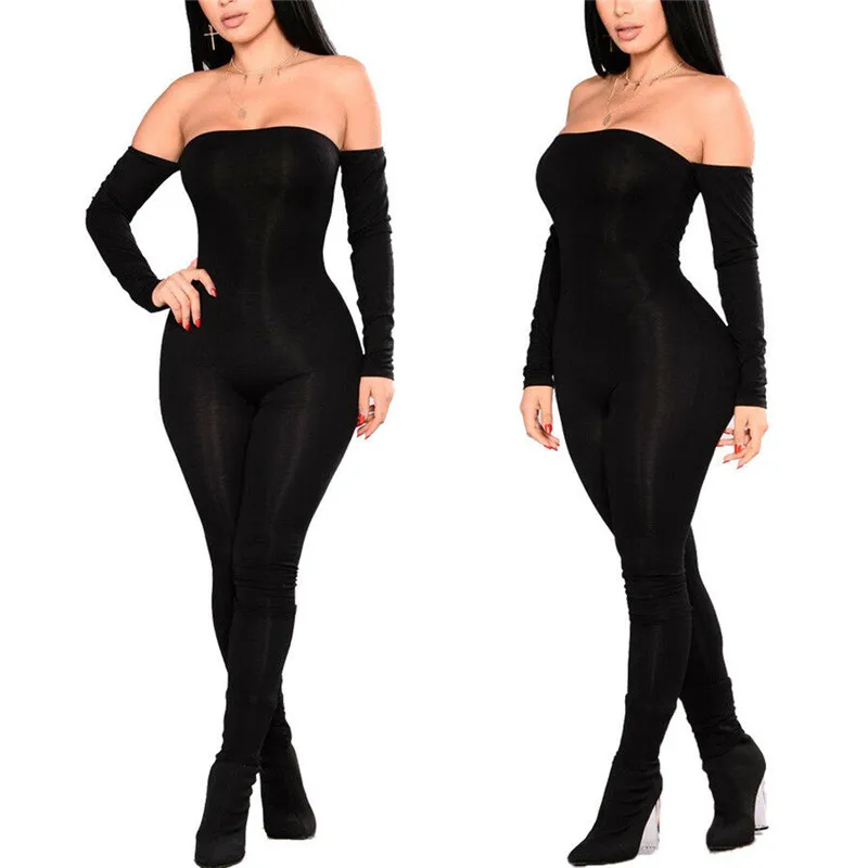

Women Jumpsuit Off Shoulder Clubwear Playsuits Ladies Bodycon Party Jumpsuits Female Solid Slash Neck Rompers S-XL Black