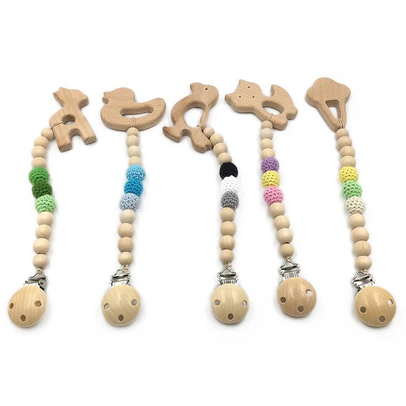 

Baby Teething Toy Wooden Teether Animal Pacifier Clip Eco-friendly Teething Crochet Beads Chewable Infant Holder Wooden Teether