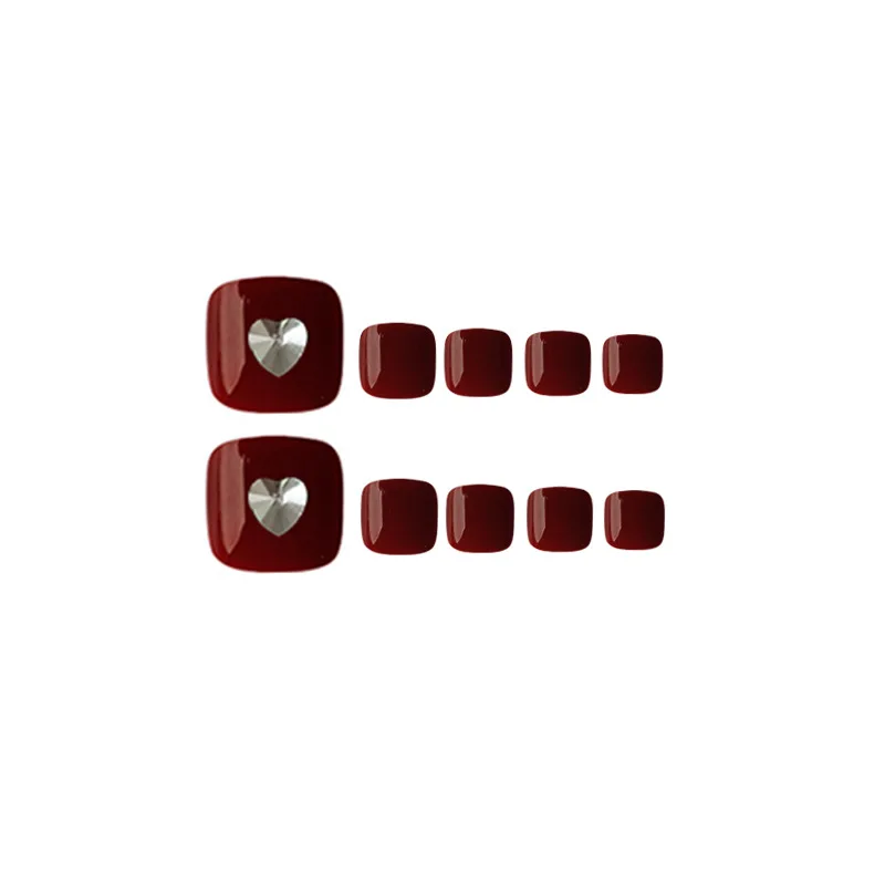 

2021 summer's latest short cute girl wearing manicure toe fake nail finished nail piece wine red peach heart toe nail patch