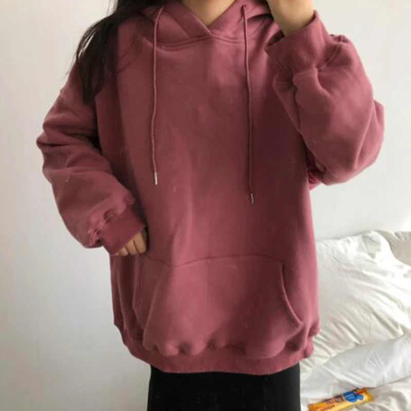 

Hoodies Women Solid Simple Harajuku Front Pocket Korean Style Hooded Casual Pullover Womens All-match Student Females Outwear
