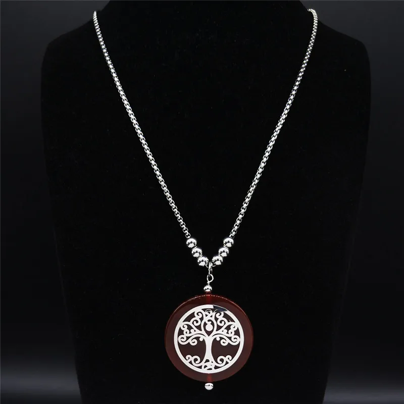 Женское длинное ожерелье из нержавеющей стали Tree of Life красного цвета с