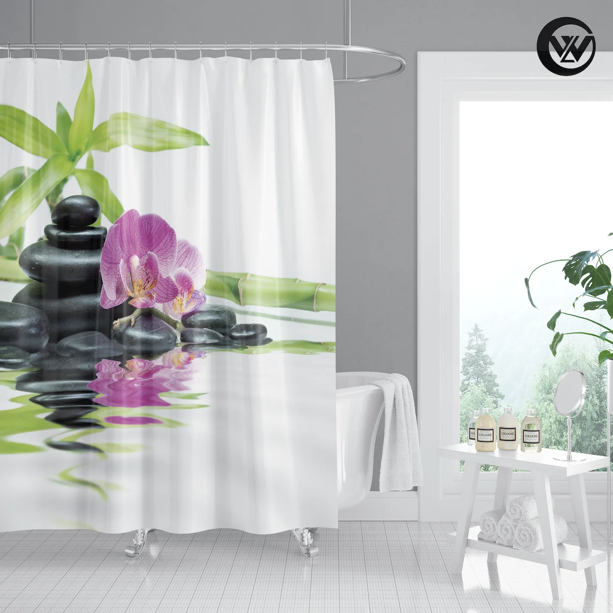 Modern Fabric Cobblestone Bamboo Hotel Shower Curtain, Fancy Extra Long Plain Plants Bath Bathroom Curtain/