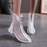 womens ripped mesh short boots breathable thick heel womens shoes high top summer 2021