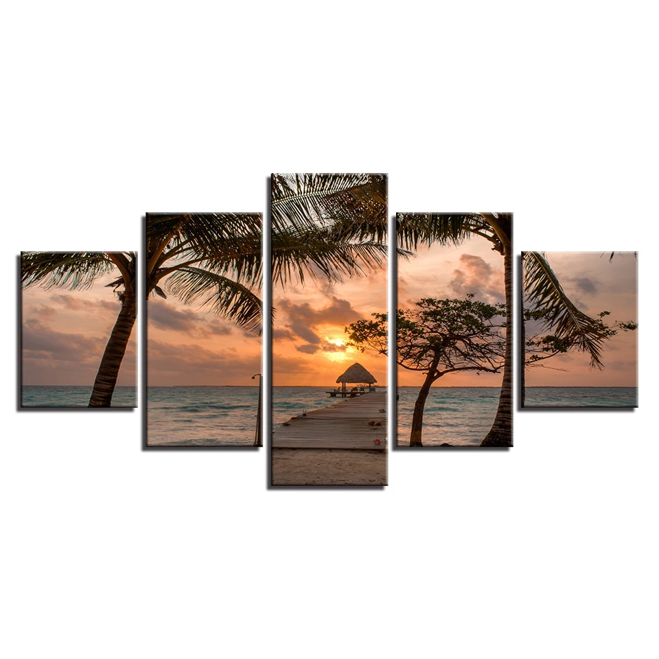 

Modern Home Decor Living Room 5 Pieces Tropical Trees Wall Art Poster Bridge Sunset Scenery Canvas Painting Framed Drop Shipping