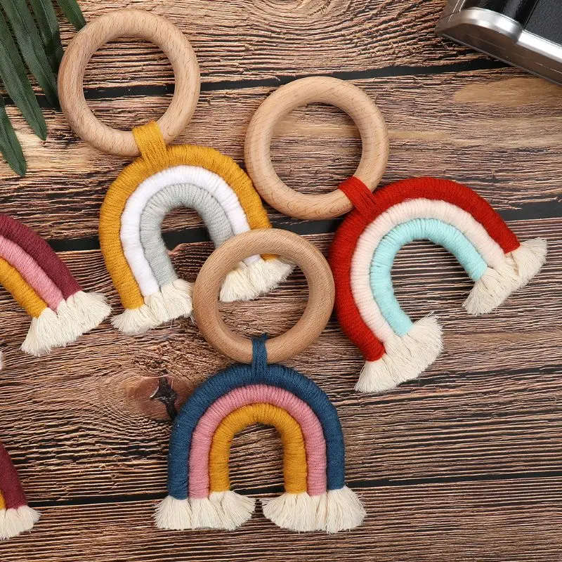 

Baby Teething Ring Rainbow Wooden Boho Baby Teether Stroller Toys Shower Gift