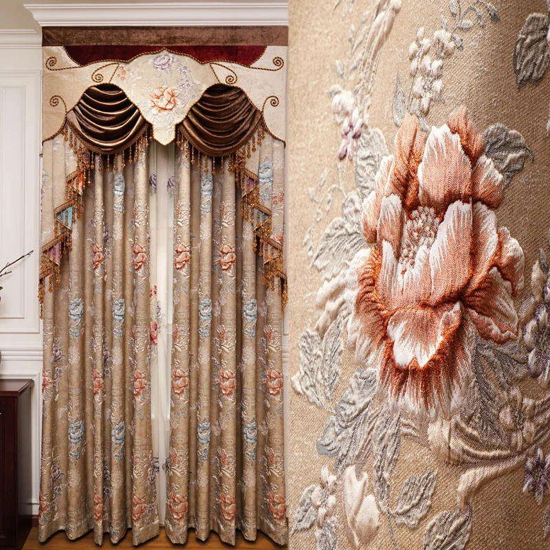 Европейские Роскошные коричневые 3D жаккардовые плотные шторы для гостиной