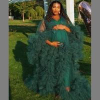 dark green puffy ladies dressing sheer long robe fluffy desses sleepwear with belt 2021 new fashion evening gown maternity robes