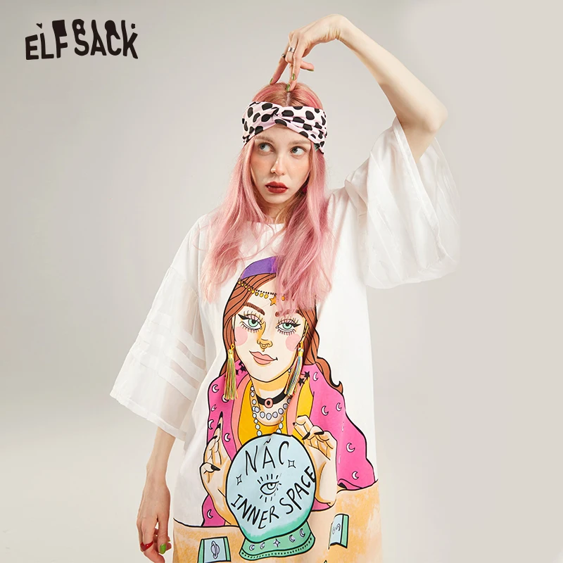 ELFSACK белое с мультяшным принтом бахромой свободное повседневное женское