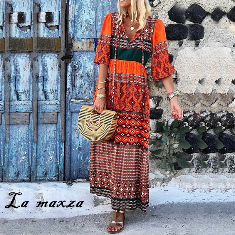 

Bohemian Vinatge Summer Women Print Loose Dress 2020 Casual Lantern Sleeves V-neck Long Dress