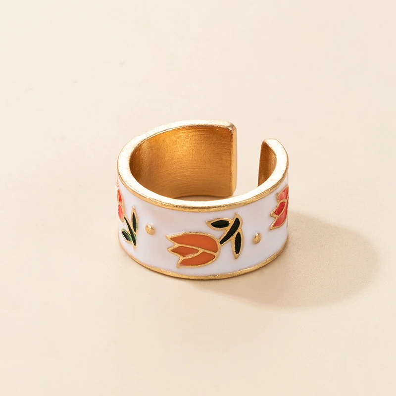 

2021 New Trend Enamel Flower Rings for Women Drop Oil Geometric Opening Knuckle Ring Statement Korea Style Jewelry Gifts