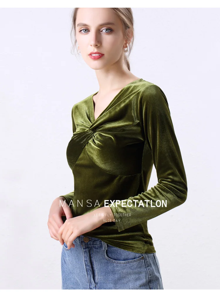 Сексуальный крест-накрест v-образным вырезом бархатные женские Blusas осень зима сексуальные велюровые рубашки Blusas Тонкий Топ Блузка Femme футболки со складками