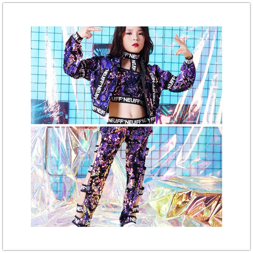 Детский костюм для танцев в стиле хип-хоп с блестками фиолетового цвета девочек