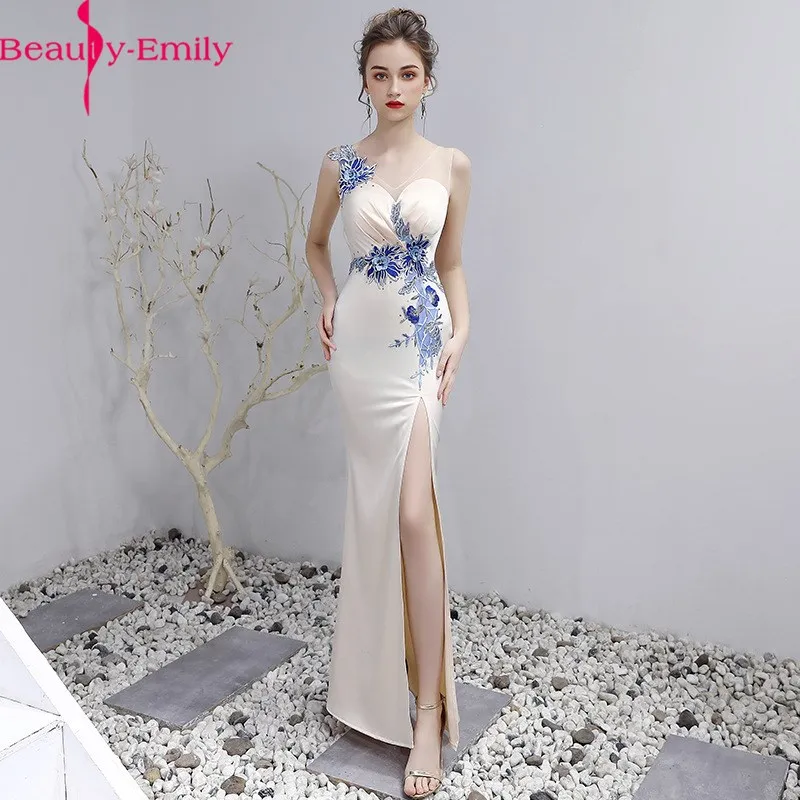 

Beauty Emily Charming V Neck Lace Sleeveless Mermaid Evening Dress 2020 New Arrival Appliques Illusion Zipper Back Formal Dress