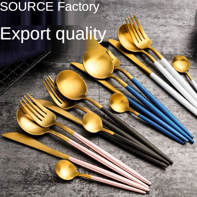 

Online celebrity Gold Portuguese Tableware 304 Stainless Steel Knife and Spoon Set Western Hotel Steak Knife and Spoon