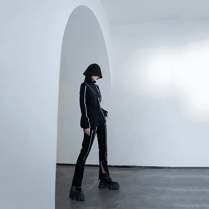 

Elastic Waist High Black Long Zipper Irregular Vent Trousers New Loose Fit Pants Women Fashion Spring Autumn 2021 1DD1601