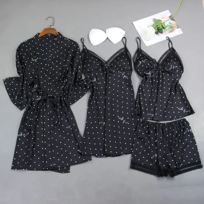 

FZSLCYIYI Spring Autumn Women Silk Pajamas Sets With Chest Pads Print Pijama Sleepwear Satin Robe Nightdress Top Shorts Sets