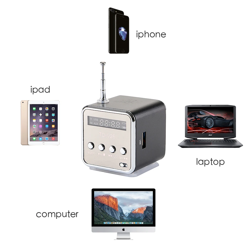 Портативный металлический беспроводной динамик FM музыкальный плеер Поддержка tf