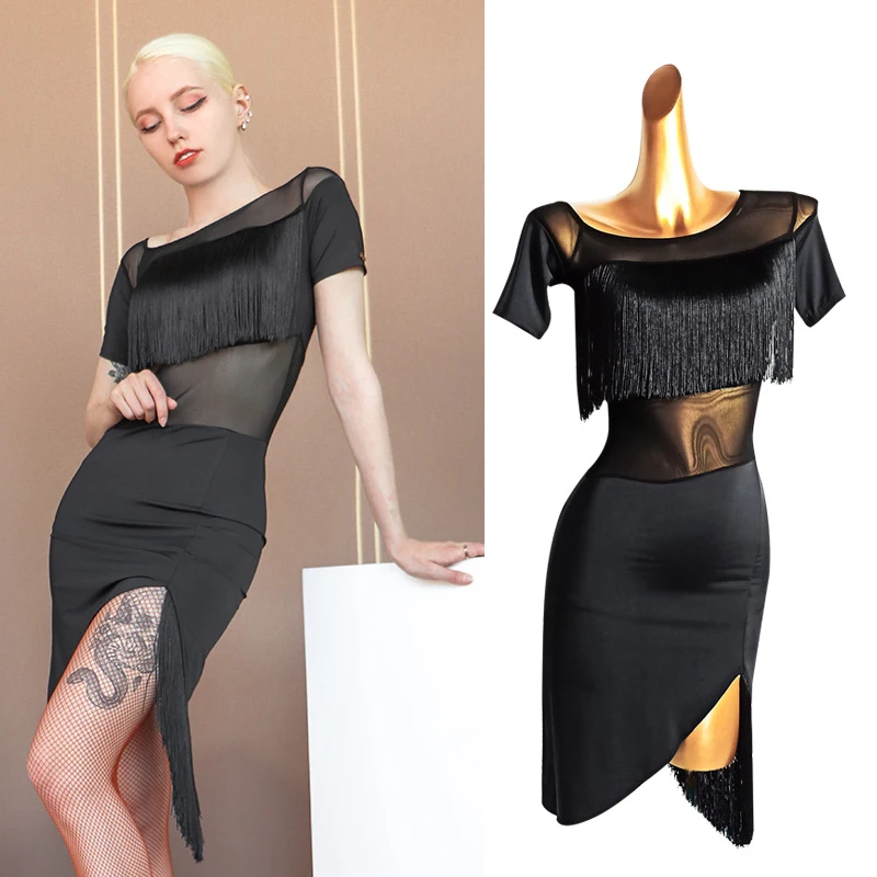 

Sexy Latin Dance Dress Women New Rumba Dress Dance 2021 Black Fringe Skirt Girls Party Red Latin Dance Performance DresS BL2273