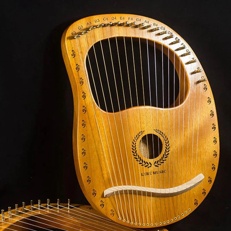 16-String Mahogany Lyre Harp Instrument with Tuning Key Antique Style Carving for Music | Спорт и развлечения