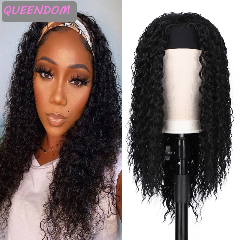 

Long Kinky Curly Headband Wig Natural Black Deep Water Head Wrap Wigs Synthetic Hair Wig Heat Resistant Cosplay Wigs with Scarf