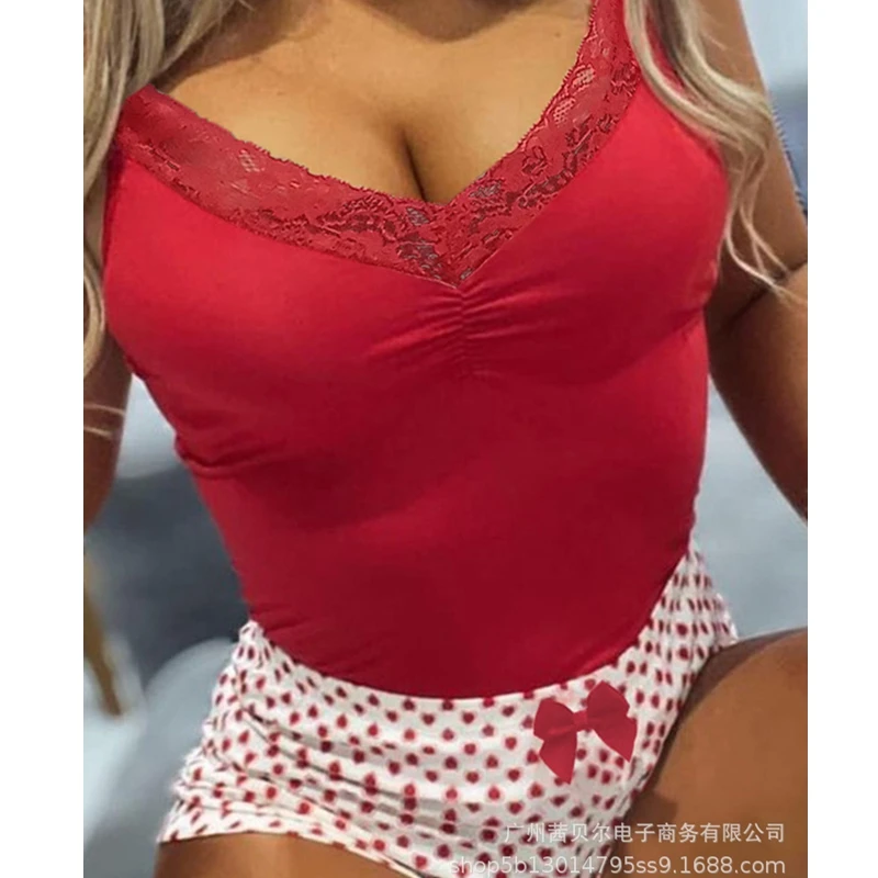 

Wepbel 2 Piece Sets Pajamas Shorts Outfits Sleepwear Lace Sling Loungewear Sets Women Nightwear Camis Tops Pajamas Sets Homewear