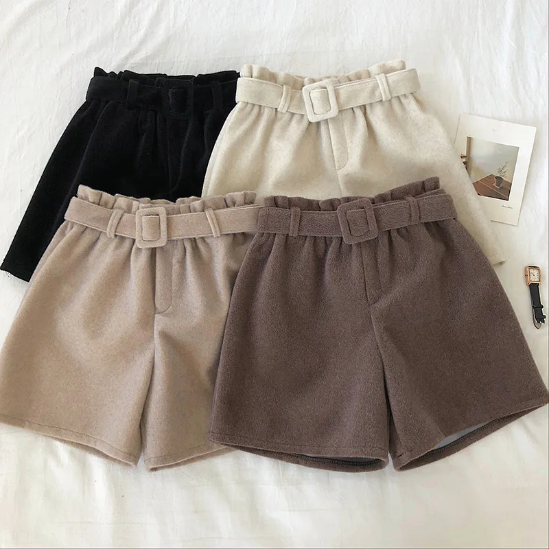Женские однотонные шорты с поясом широкие брюки высокой талией женские зимние