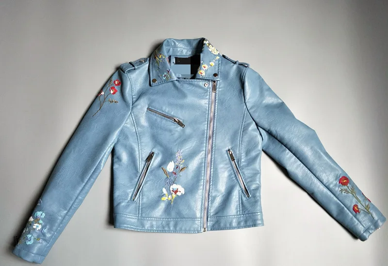 

Women Floral Print Embroidery Soft Split Leather Jacket Coat Turn-down Collar Casual Motorcycle Black Punk Outerwear Streetwear