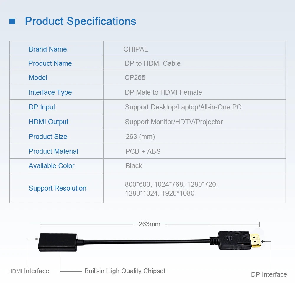 CHIPAL Адаптер DP к HDMI USB-кабель с вилкой Mini Дисплей Порты и разъёмы Поддержка 1080p для