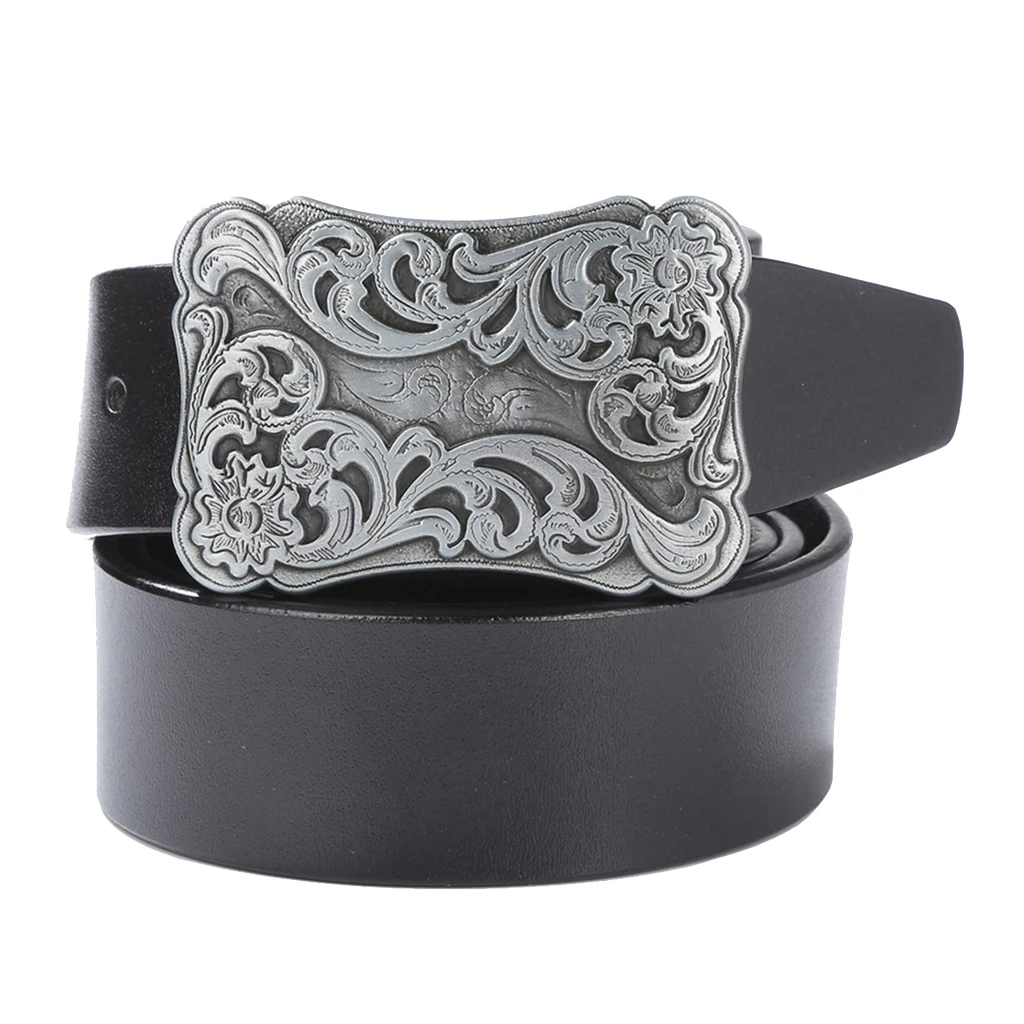 

Leather Belt With Flower Pattern Buckle, Wide Cowboy Western Belt, Men's Fashion