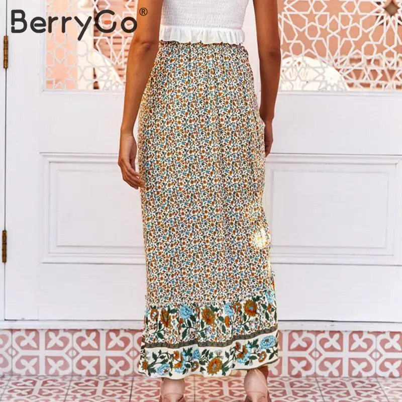 BerryGo богемная длинная юбка с цветочным принтом женская повседневная для пляжа