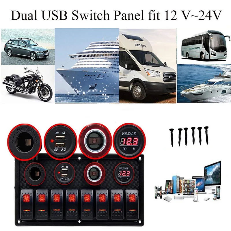 LED Rocker Switch Panel DC12/24V Power Socket Wiring Kits For Marine Boat Car RV with Dual USB Port Voltmeter | Автомобили и