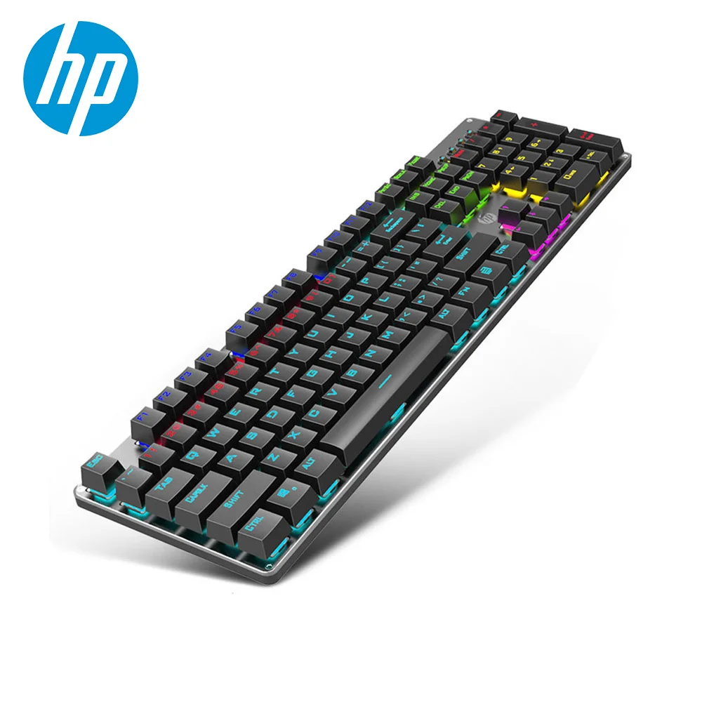 Hp GK100 Механическая игровая клавиатура с подсветкой, синий, красный переключатель, 104 клавиш, металлический цветной светодиодный компьютер с подсветкой, Проводная клавиатура для геймера