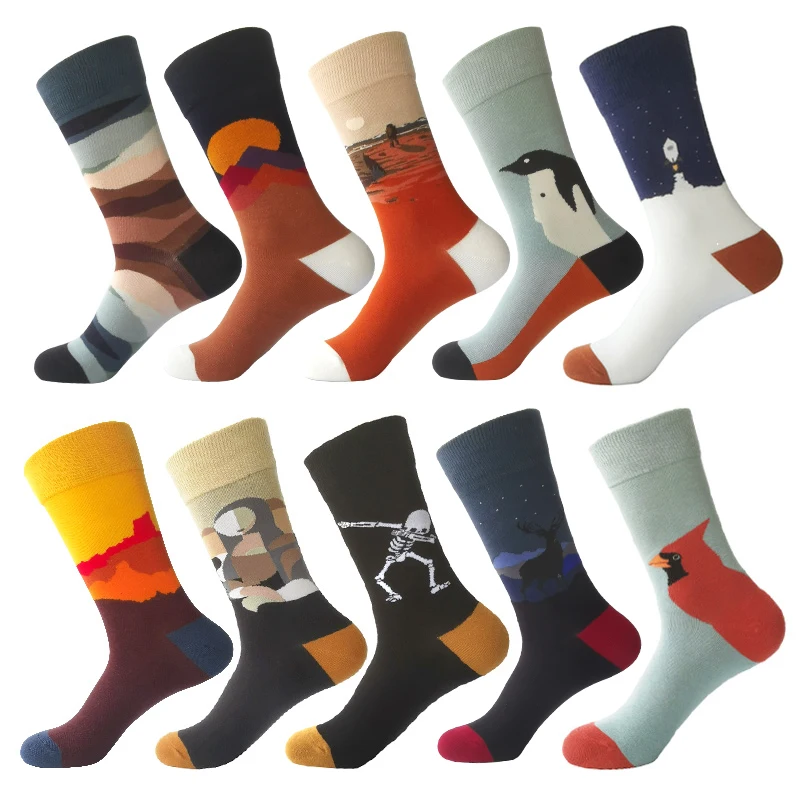 

RZHBRO 1 Pair Men Socks Cotton Colorful Full Socks Men With Print Funny Socks Breathable Male Socks Plus Size 37-44