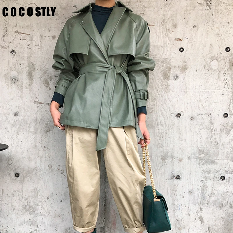 Осень зима куртка женская обувь из PU искусственной кожи с отложным воротником